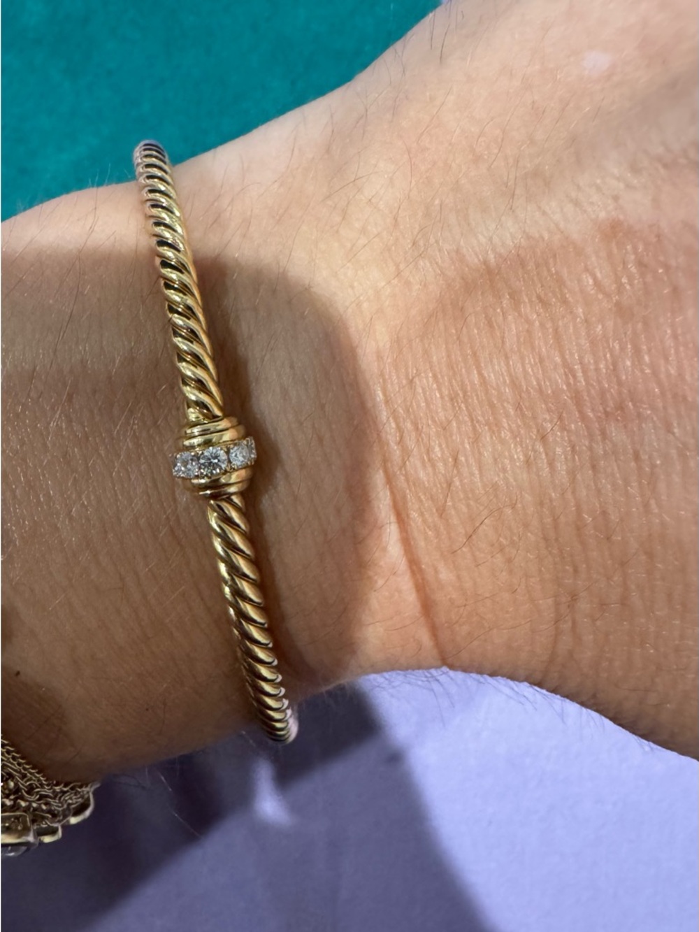 David Yurman Gold Cable Cuff Bracelet with Pavé Station